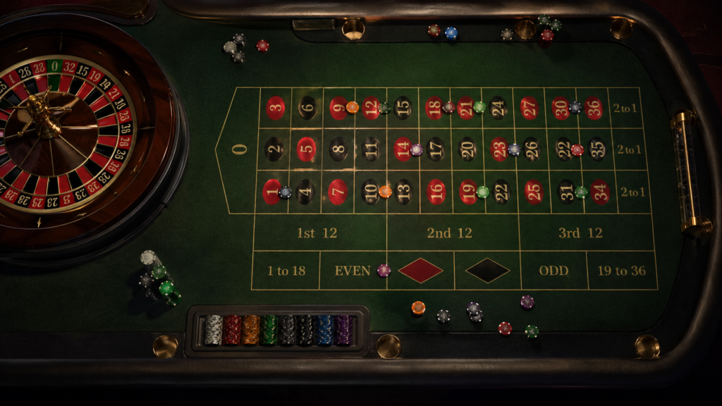 roulette table layout with betting areas and chips